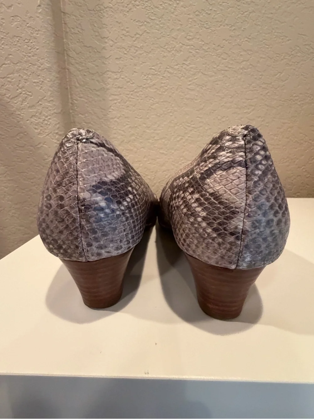 Cole Haan Snake-Print Peep Toe Wedges in Gray and Cream Tones